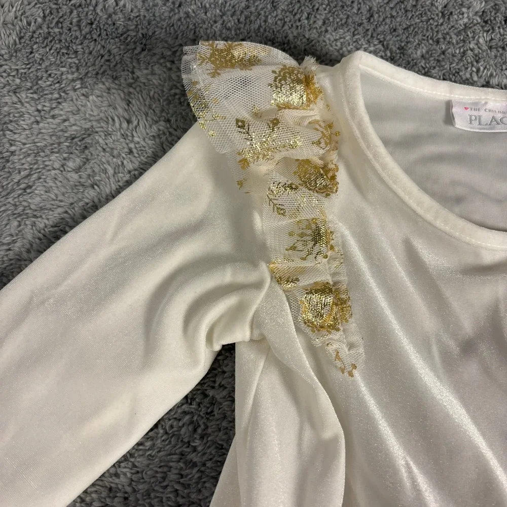 The Childrens Place Girls White Velvet Gold Snowflake Tulle Holiday Dress 5T